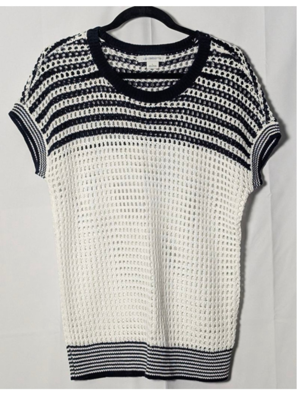 Liz Claiborne Navy White Crochet Knit Top Short Sleeve Large